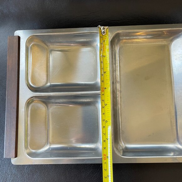 Mid-Century Danish Stainless Steel Teak Handles 3-section serving dish - Picture 5 of 6